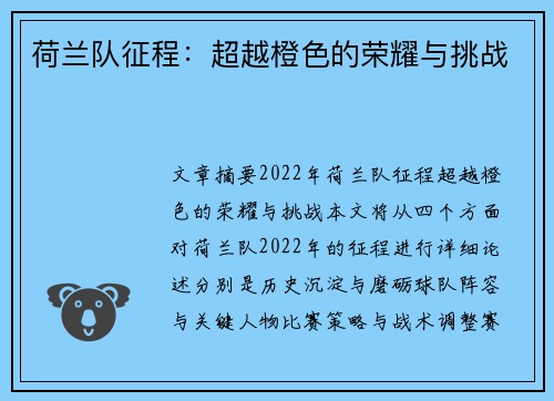 荷兰队征程：超越橙色的荣耀与挑战
