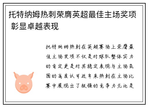 托特纳姆热刺荣膺英超最佳主场奖项 彰显卓越表现